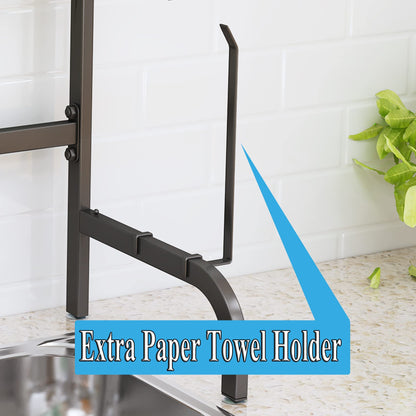 Over The Sink Dish Drying Rack, Adjustable (25.5 to 33.5 inch) 2 Tier Metal Steel Dish Drying Racks for Kitchen Counter with Hooks Paper Towel Utensil Cup Holder Sink Caddy (Black)