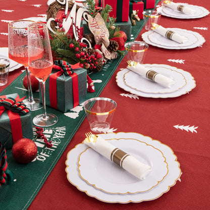 Morejoy 175PCS Gold Plastic Plates，White Gold Disposable Plates with Pre Rolled Napkins:25 Dinner Plates,25 Dessert Plates,25 Spoons,25 Forks,25Knives,25Cups,25Napkins for Party & Father's Day