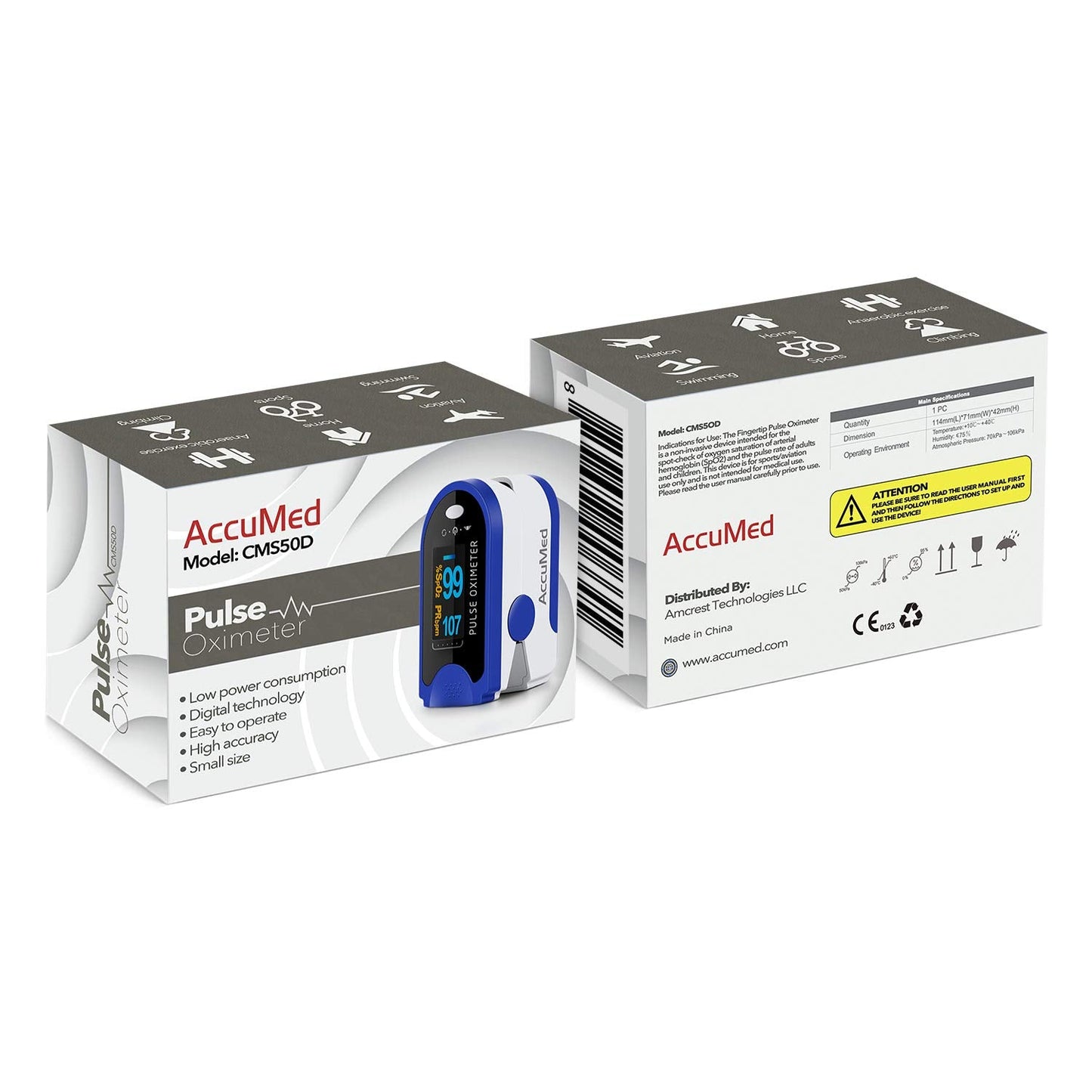 AccuMed Fingertip Pulse Oximeter, Sp02 Finger Blood Pulse Oxygen Monitor, w/Carrying case, Lanyard Silicon Case & Battery CMS-50D (Blue)