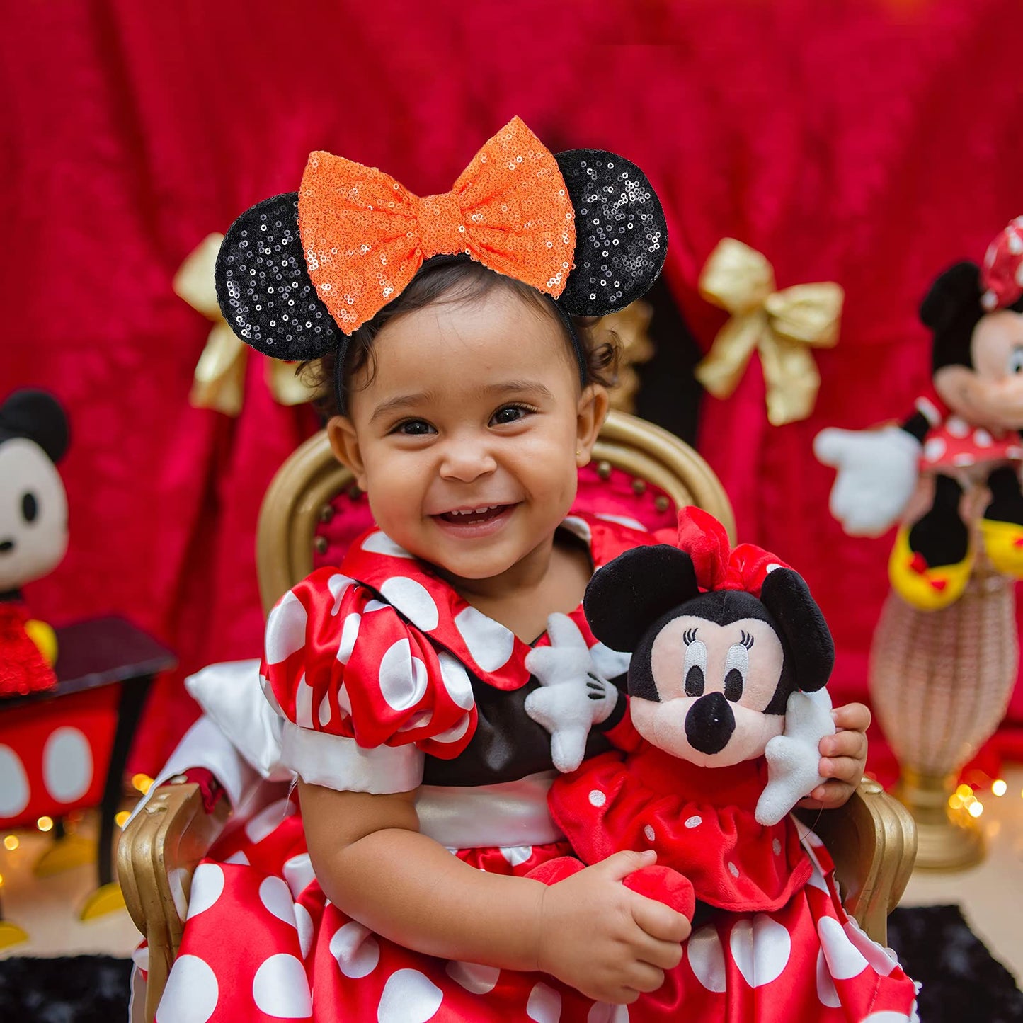 FANYITY Mouse Ears, Sequin Mouse Ears Headband for Girls Women Halloween Birthday Party (Orange Bow)