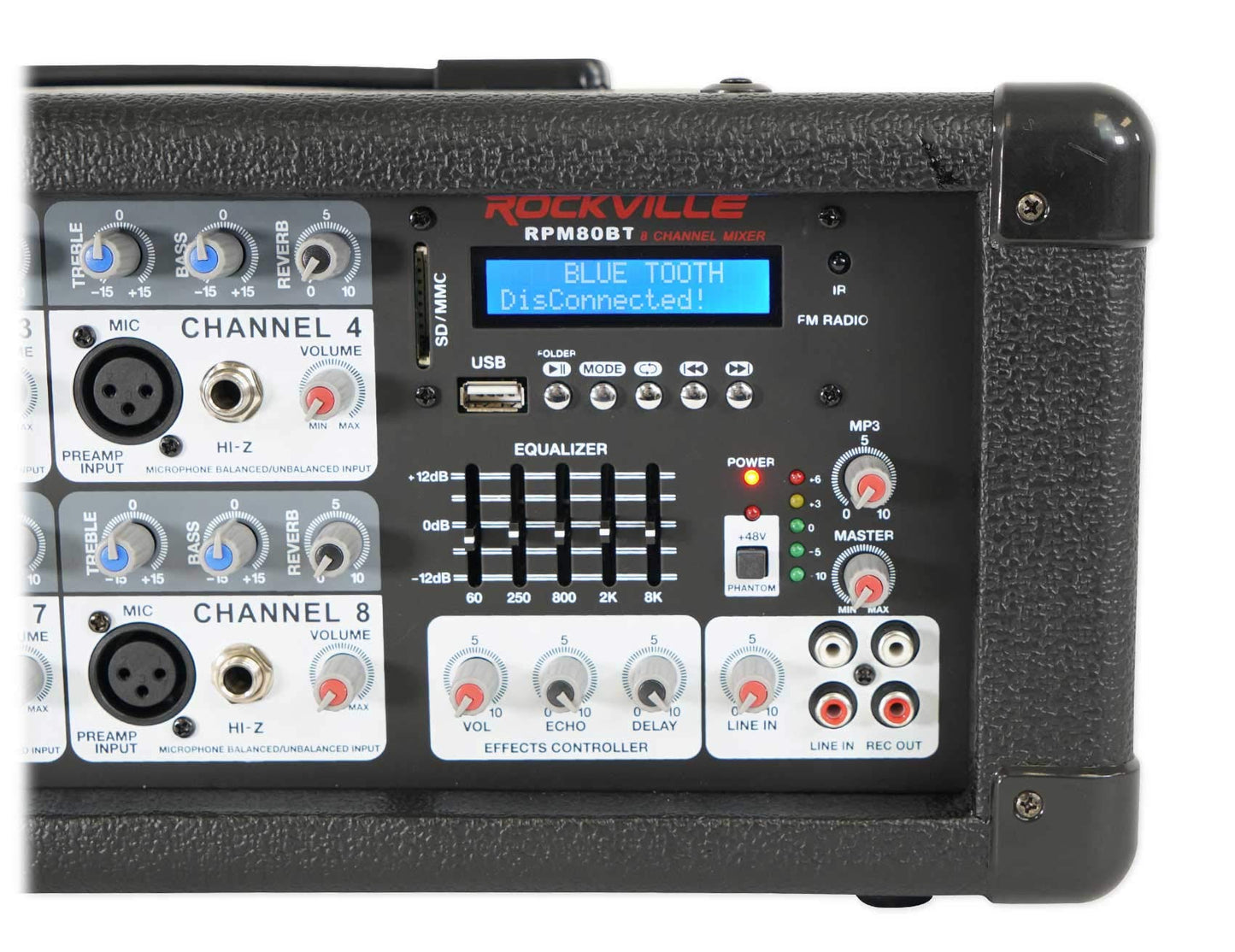 Rockville RPM80BT 2400W Powered 8 Channel Mixer/Amplifier, Bluetooth, EQ, Reverb/Delay, USB, Phantom Power, for Live Sound and Studio Use