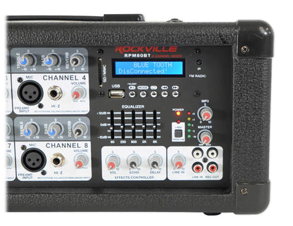 Rockville RPM80BT 2400W Powered 8 Channel Mixer/Amplifier, Bluetooth, EQ, Reverb/Delay, USB, Phantom Power, for Live Sound and Studio Use