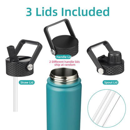 Konokyo Insulated Water Bottle 24oz Stainless Steel Sport Bottles with 3 Lids,Light Blue