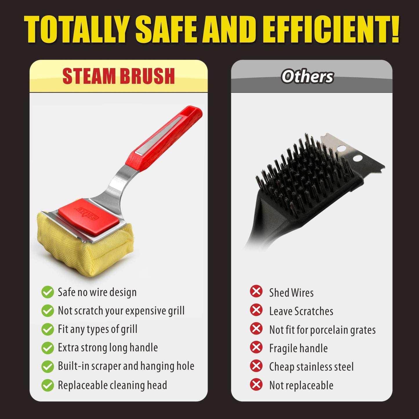 GRILLART Grill Brush Bristle Free. SteamWizards BBQ Replaceable Cleaning Head, Unique Seamless-Fit Scraper Tool for Cast Iron/Stainless-Steel Grates, Safe Barbecue Grill Cleaner-Red
