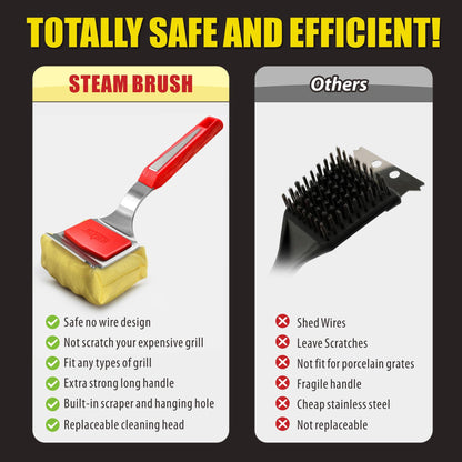 GRILLART Grill Brush Bristle Free. SteamWizards BBQ Replaceable Cleaning Head, Unique Seamless-Fit Scraper Tool for Cast Iron/Stainless-Steel Grates, Safe Barbecue Grill Cleaner-Red