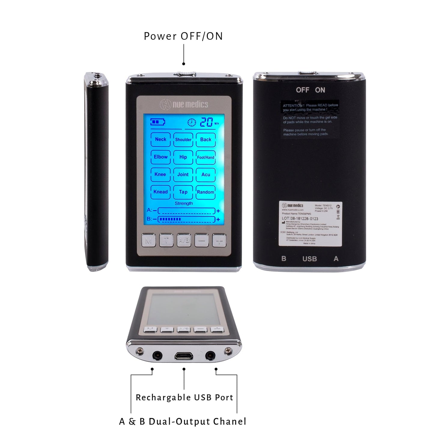 NueMedics Tens 12-Mode TENS & EMS Rechargeable Muscle Stimulator – Dual-Channel Portable Pain Relief Massager with Reusable Pads, Timer & LCD Display