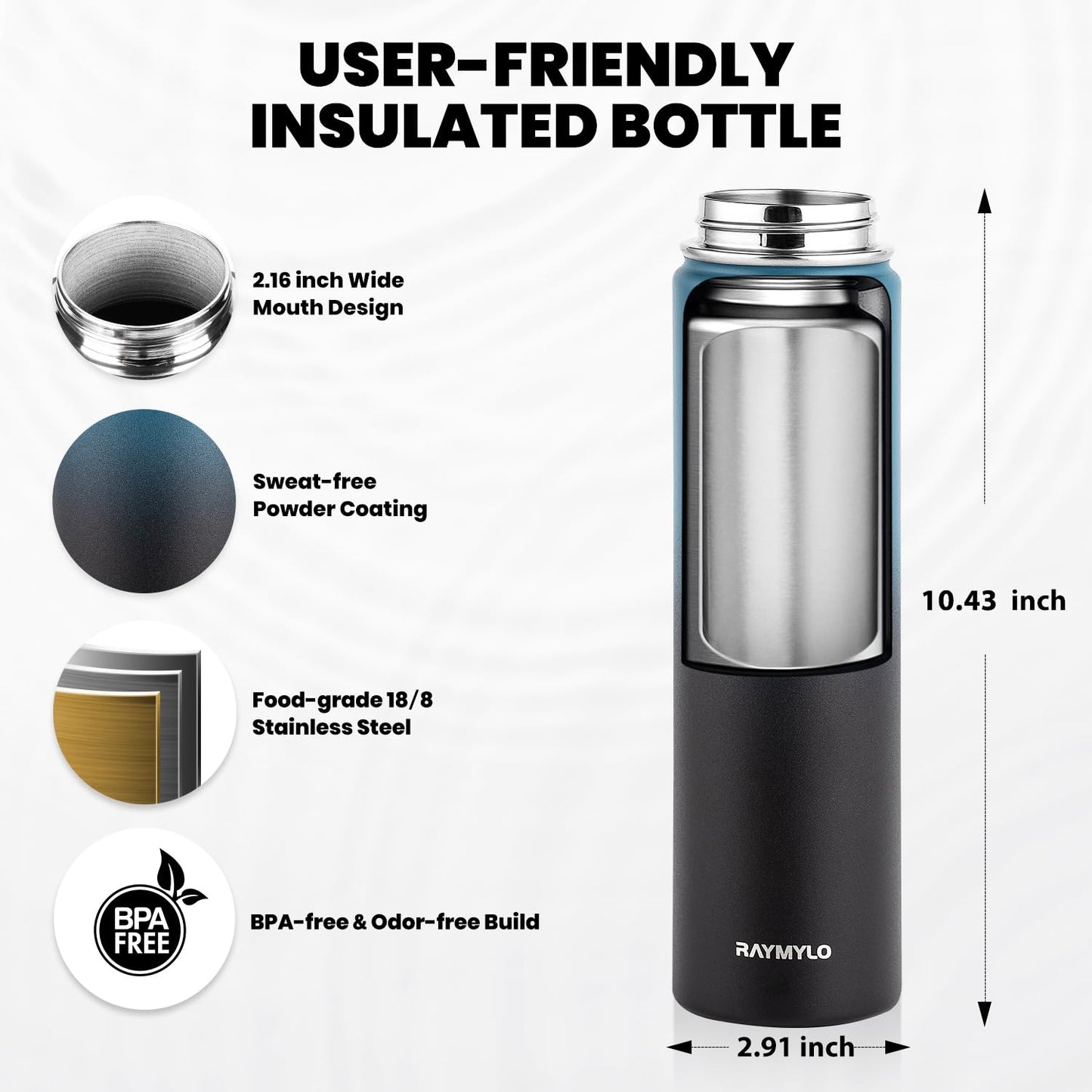 RAYMYLO Insulated Water Bottle 24oz, Triple Wall Vacuum Stainless Steel (Cold for 48 Hrs, Hot for 24Hrs), Leak Proof & Non-BPA, 24oz Hydro Water Flask with Paracord Handle & Straw Spout Lids