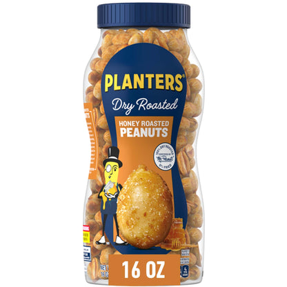 PLANTERS Honey Roasted Peanuts, Dry Roasted Peanuts, Party Snack, Plant-Based Protein, After School Snack, Sweet and Salty, Salted Nuts, Sea Salt & Honey, Snacks for Adults, Kosher, 16oz Jar