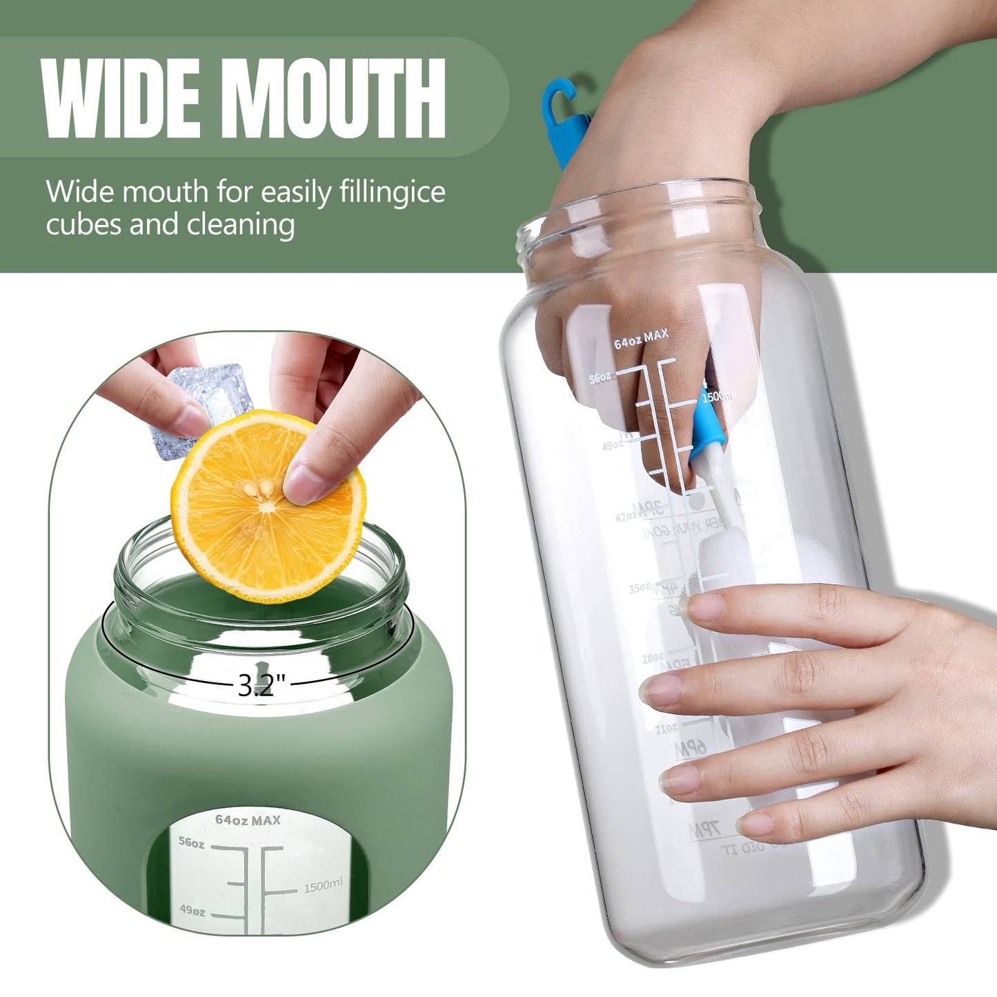 MUKOKO 64oz Glass Water Bottles with Straw, Half Gallon Water Jug with Time Marker, Sports Large Motivational Bottle with Silicone Sleeve, Olive