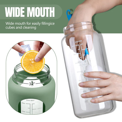 MUKOKO 64oz Glass Water Bottles with Straw, Half Gallon Water Jug with Time Marker, Sports Large Motivational Bottle with Silicone Sleeve, Olive