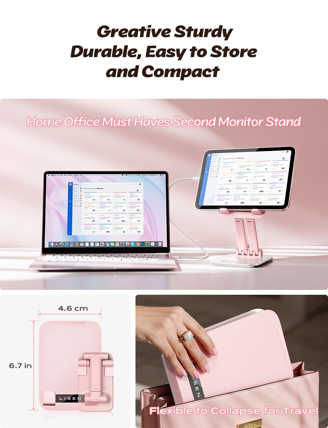 LISEN Tablet Stand for iPad Stand Holder Desk, Foldable Home Office Desk Accessories Travel for iPad Holder Dorm College Essentials Portable Monitor Pink Sorbet for Girls