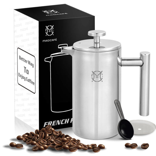 MAGICAFÉ French Press Coffee Maker – Single Serve 1 Cup Small Stainless Steel Thermal Double Walled French Press 350ML/12OZ