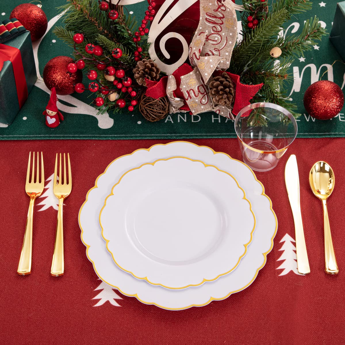 Morejoy 175PCS Gold Plastic Plates，White Gold Disposable Plates with Pre Rolled Napkins:25 Dinner Plates,25 Dessert Plates,25 Spoons,25 Forks,25Knives,25Cups,25Napkins for Party & Father's Day