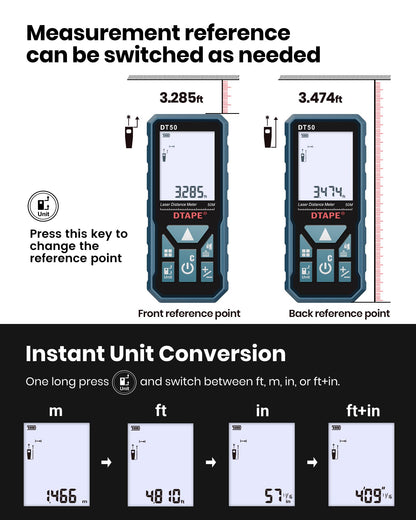 Laser Measure, DTAPE 165 Ft Digital Laser Distance Meter, Upgraded High-Accuracy Laser Measuring Tool, Electronic Tape Measure, 2" Backlit LCD Display, Area/Volume/Indirect Measurement, in/Ft/Ft+in/M