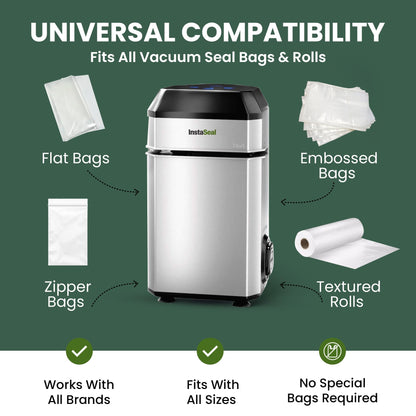 InstaSeal Vacuum Sealer for Food with 12 Bags, Preserves Foods 5x Longer, Space Saving Compact Upright Design Allows Machine to Seal Marinades, Soups, Meats for Sous Vide Cooking, Vegetables