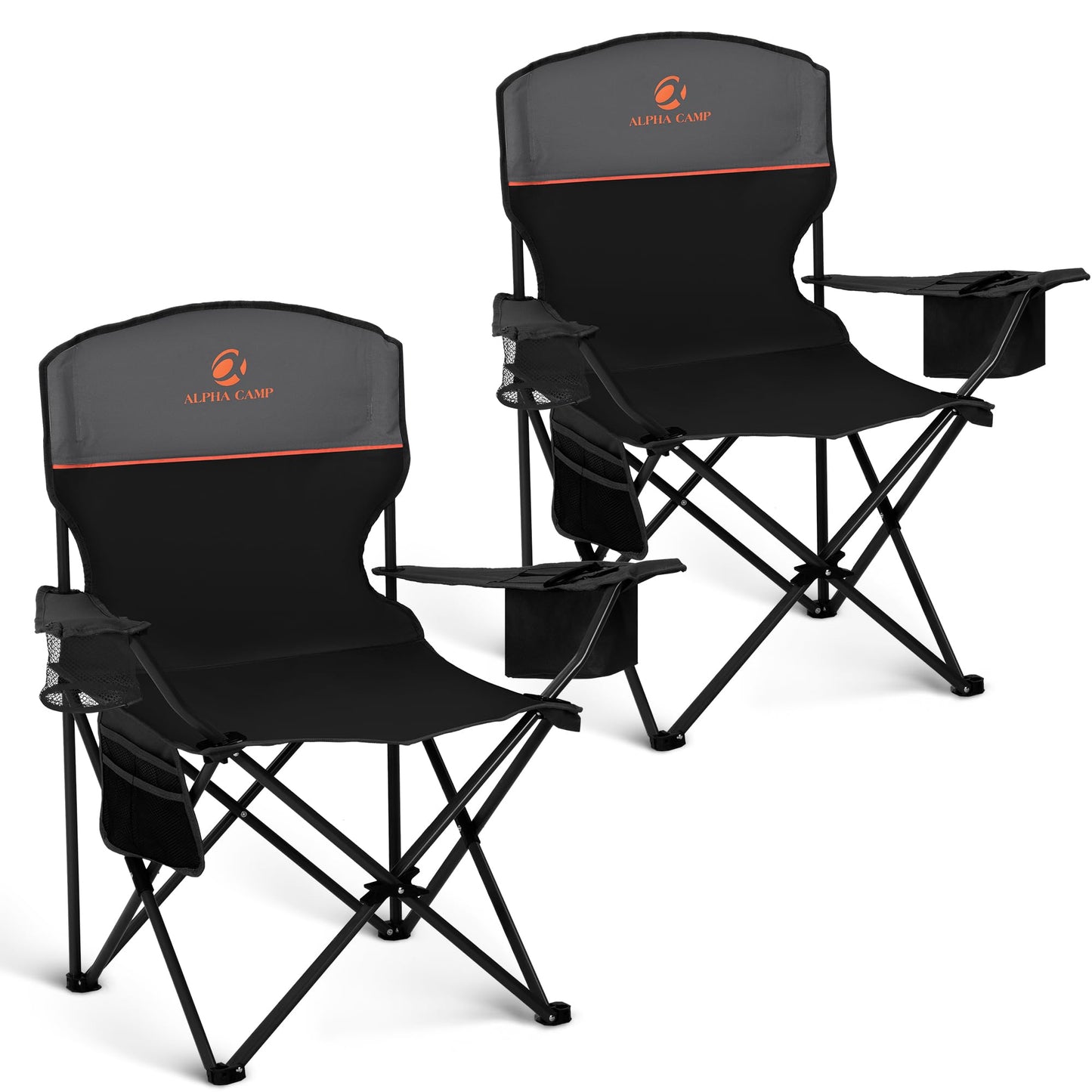 ALPHA CAMP Camping Chair 2 Pack Portable Chair with 3-Can Cooler Folding Chair with Side Pocket and Cup Holder, Collapsible for Camping, Tailgates, Beach, Fishing and Sports,Black,2PC