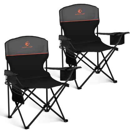 ALPHA CAMP Camping Chair 2 Pack Portable Chair with 3-Can Cooler Folding Chair with Side Pocket and Cup Holder, Collapsible for Camping, Tailgates, Beach, Fishing and Sports,Black,2PC
