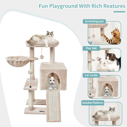 MIAO PAW Beige Cute Cat Tree Tower for Indoor Cats Condo with Sisal Scratching Posts Jump Platform Furniture Activity Center Play House Bed