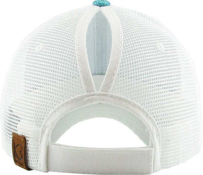 KBETHOS® Original Glitter Fabric Mesh Trucker Ponytail Cap, Aqua