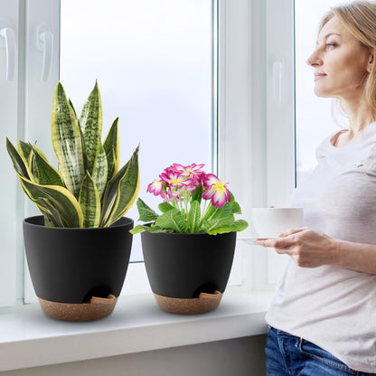 QRRICA Plant Pots 10/9/8/7.5/7 Inch Self Watering Pots, Set of 5 Plastic Planters with Drainage Holes and Saucers,Plastic Flower Pots,Nursery Planting Pot for Indoor Out Door Plants(Black Brown)