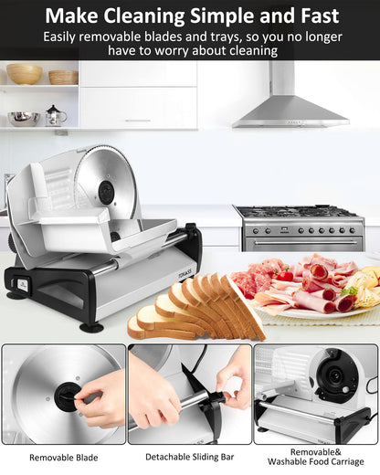 Meat Slicer, 200W Electric Deli Food Slicer with 2 Removable 7.5'' Stainless Steel Blades and Tray, Adjustable Thickness for home use,Child Lock Protection,Easy to Clean,Cuts Meat, Bread and Cheese
