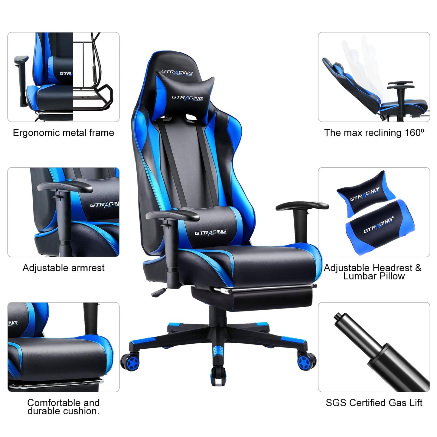 GTRACING Gaming Chair with Footrest, Ergonomic Computer Game Desk Chair, Reclining Game Chair Seat Height Adjustment, Swivel Rocker with Headrest and Lumbar (Blue)