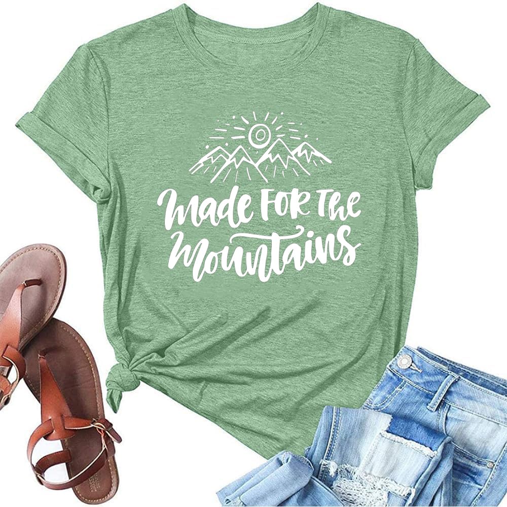 Adventure Awaits T-Shirts for Women Cute Sunshine Mountain Graphic Tees Camping Hiking Lover Gift T-Shirt Casual Comfy Clothes-2XL (Light Green)