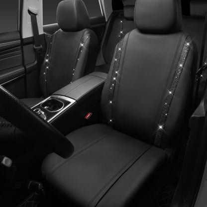 CAR PASS Leather Bling Diamond Car Seat Covers Full Set, Shining Rhinestone Waterproof Durable Rear with Zipper, Universal Fit Automotive Glitter Crystal Sparkle Strip for Cute Women Girly Black