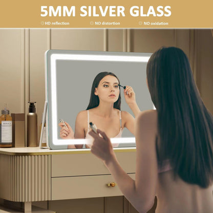 Gvnkvn Ligheted Vanity Mirror with Lights, 14" x 10" LED Makeup Mirror, 3 Modes Light, Smart Touch Control Dimmable, 360°Rotation, Rectangle White Frame