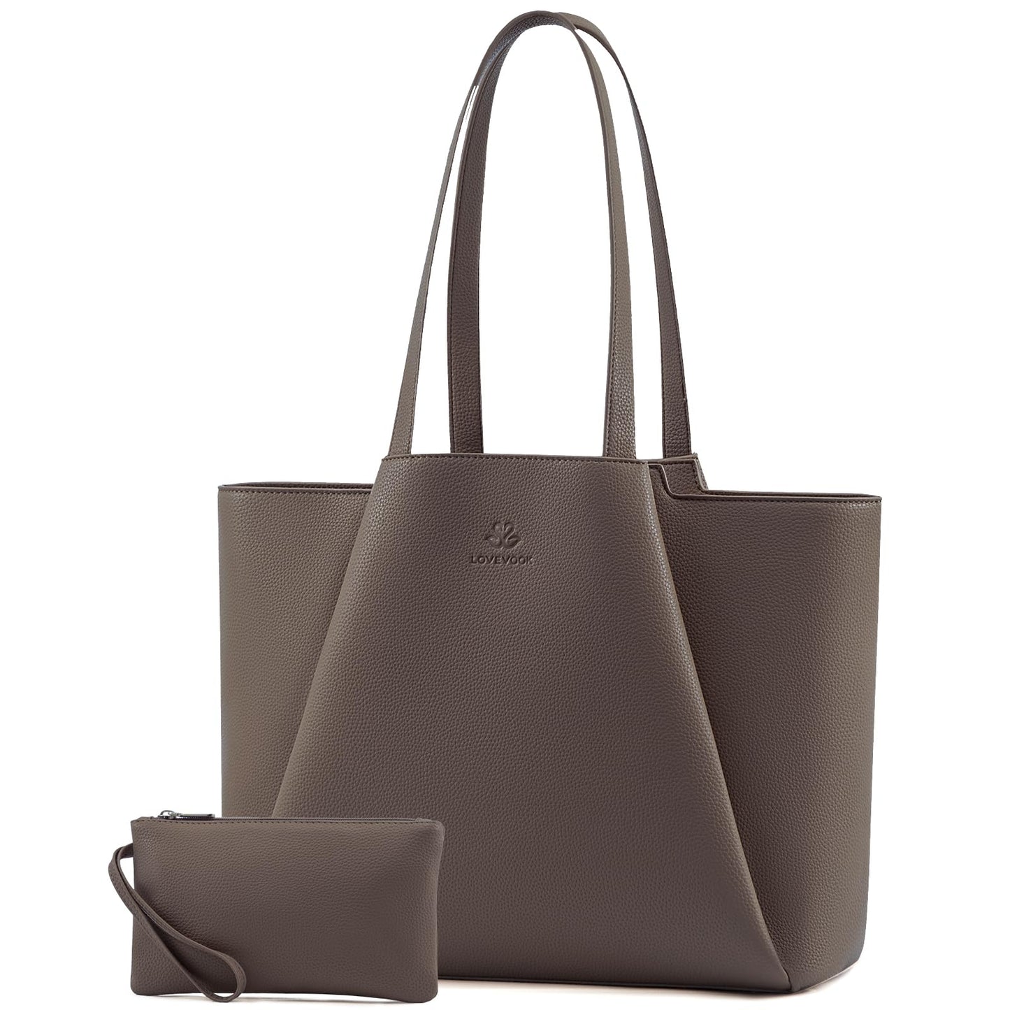 LOVEVOOK Laptop Tote for Women - 15.6 Inch Faux Leather Laptop Bag with Clutch, Large Capacity Office Purse Computer Briefcase for Casual Business Travel,Dark Khaki