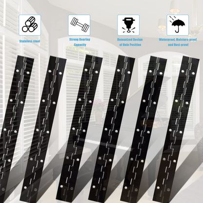 6Packs BlackContinuous & Piano Hinge, 12'' Heavy Duty Door Hinges with Holes, Stainless Steel Piano Hinge for Mailbox, Wood Furniture Tool/Storage Boxes, Cabinets Door, Piano