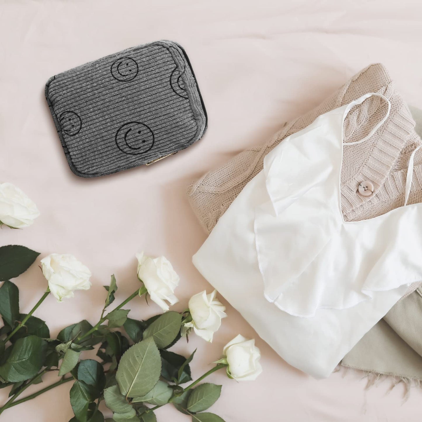 Photect 3 Pcs Corduroy Cosmetic Bag Smile Face Aesthetic Preppy Pencil Pouch Purse Travel Beauty Makeup Bags for School Christmas Women Holiday Organizer Gifts(Stylish,Yellow, Gray, Blue)