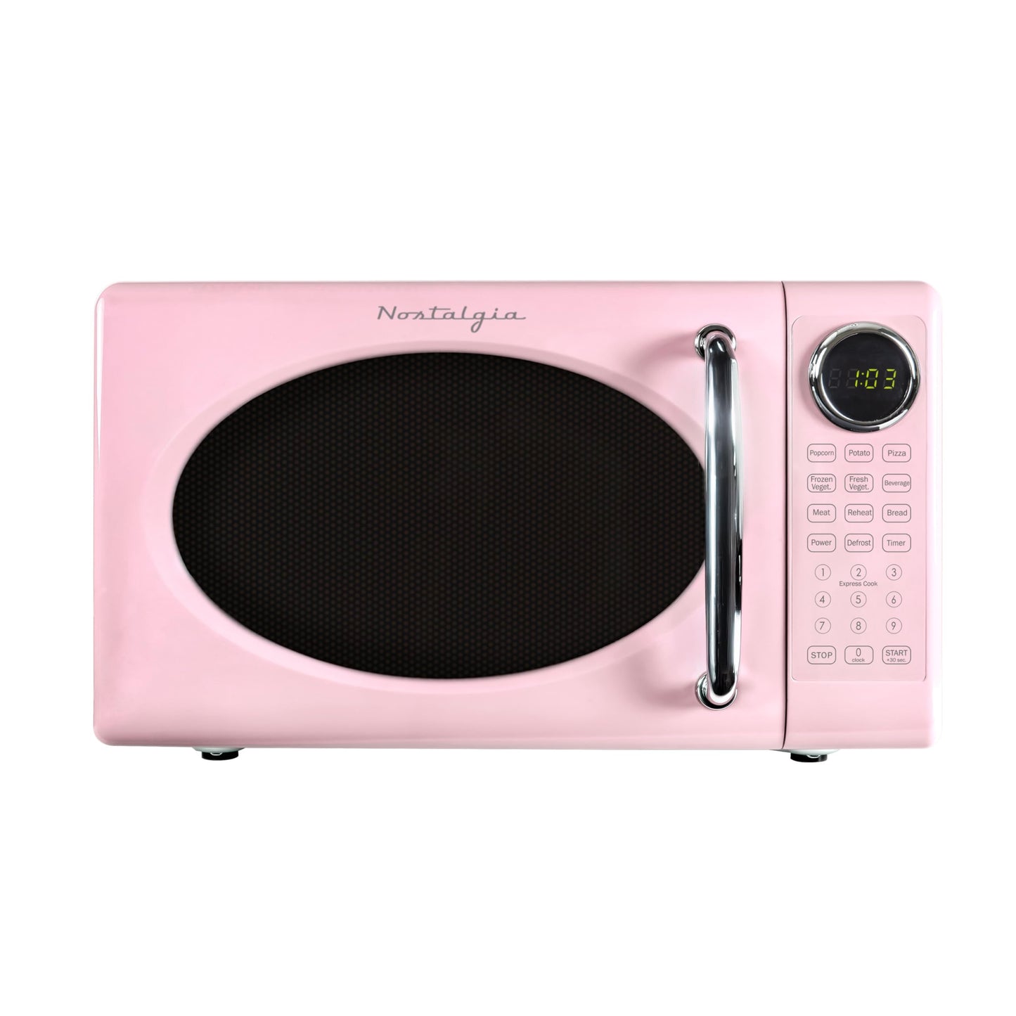 Nostalgia Retro Microwave Oven 0.7 Cu Ft, 700-Watt Countertop Size with Glass Turntable, Child Safety Lock, 8 Auto-Cook Programs, Digital Clock, Pink