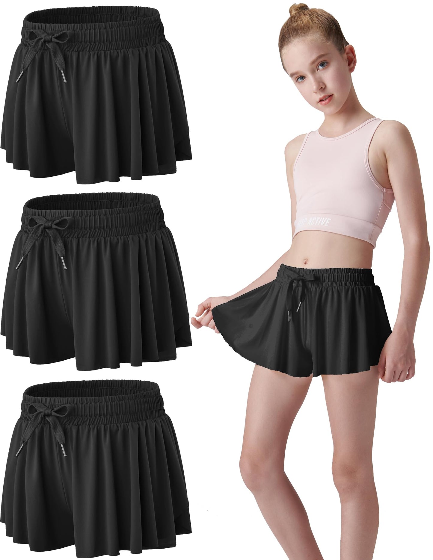 3 Pack Girls Flowy Shorts with Spandex Liner 2-in-1 Youth Butterfly Skirts for Fitness, Running, Sports (Set 8, Youth Medium) Blacks