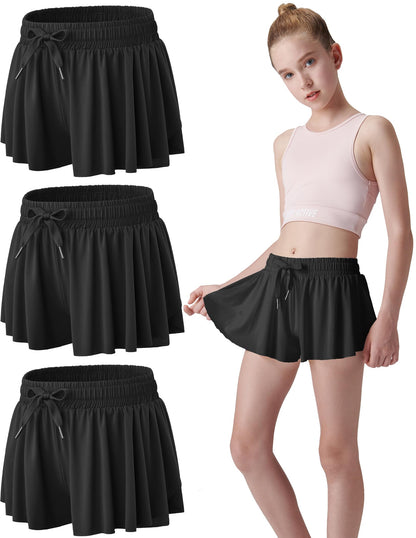 3 Pack Girls Flowy Shorts with Spandex Liner 2-in-1 Youth Butterfly Skirts for Fitness, Running, Sports (Set 8, Youth Medium) Blacks