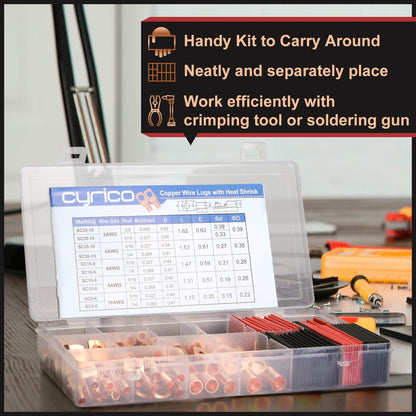 150pcs Battery Cable Ends, Copper Wire Lugs Assortment Kit AWG 2 4 6 8 10 Gauge - 70Pcs Battery Cable Lugs Ring Wire Terminal Connectors and 80Pcs Heat Shrink Tubing Kit for Marine Electrical Supplies
