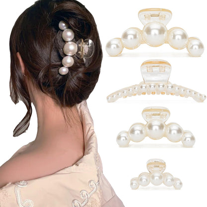 Pearl Hair Clips for Women,4PCS Large Hair Claw Clip Strong Hold No Slip,Banana Jaw Clip Barrettes Nonslip,Elegant Hair Accessories Birthday Thanksgiving Christmas Gift for Girl Thick Thin Hair