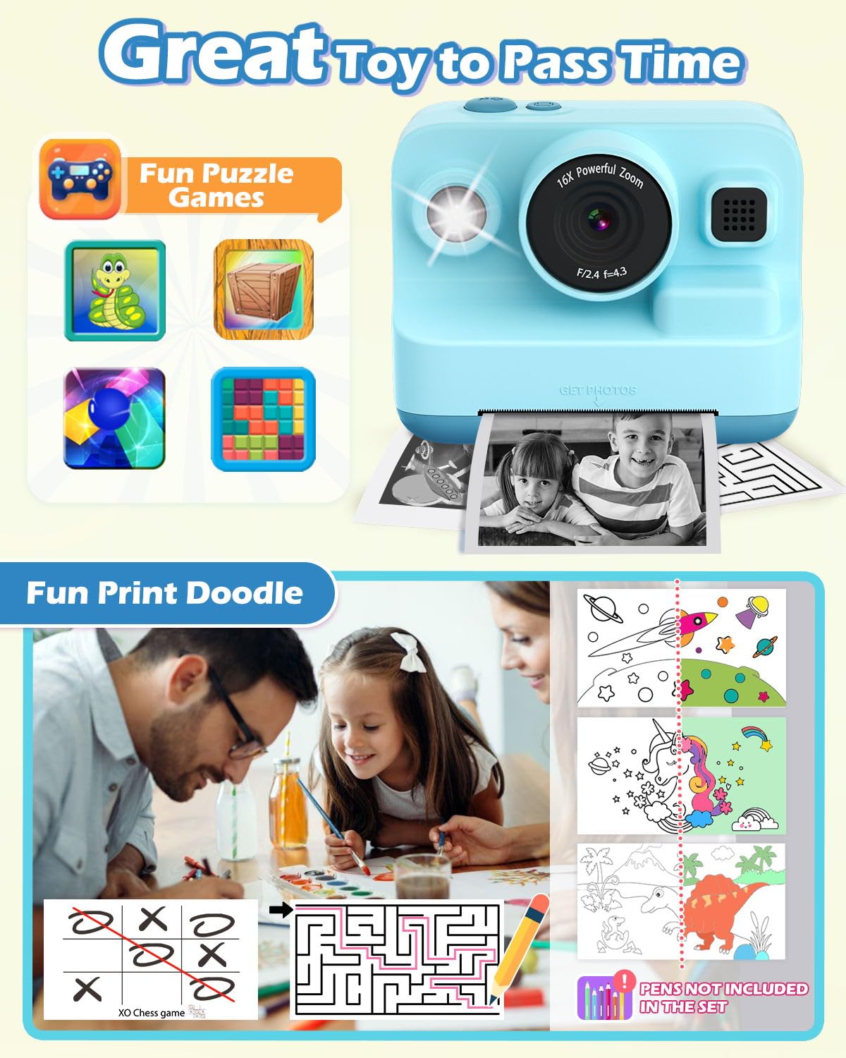 Anchioo Kids Camera Instant Print, 1080P Kids Digital Camera with Printer Paper, Christmas Birthday Gift for Girls Boys Age 3-12, Kids Print Camera Toy for 4 5 6 7 8 Year Old Boy, 32G SD Card - Blue