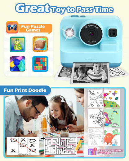 Anchioo Kids Camera Instant Print, 1080P Kids Digital Camera with Printer Paper, Christmas Birthday Gift for Girls Boys Age 3-12, Kids Print Camera Toy for 4 5 6 7 8 Year Old Boy, 32G SD Card - Blue