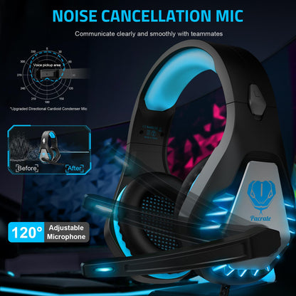 Gaming Headset with Microphone for PC, PS4, PS5, Headset Noise Cancelling Gaming Headphones for Switch, Laptop, Mac, Xbox Series X/S, Headphones with LED Lights, Deep Bass for Kids Adults, Black Blue