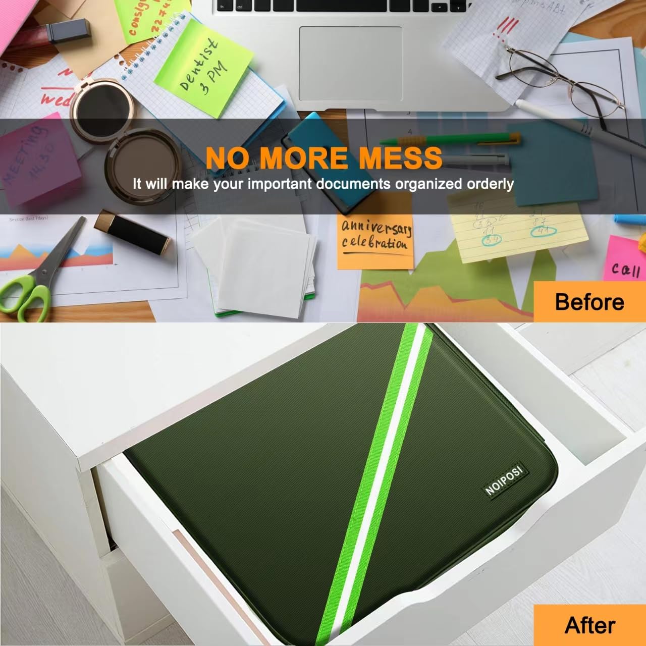 Noiposi Document Organizer with 5200℉ Heat Insulated,Waterproof and Fireproof Document Box,Portable Home Travel Safe Storage Box for Important Documents,File and Birth Certificate，Green