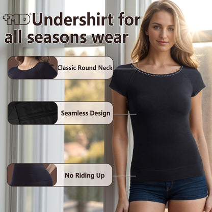 +MD Women's Seamless T-Shirt Scoop Neck Short Sleeve Comfort Light Control Shapewear Undershirt Pyjamas