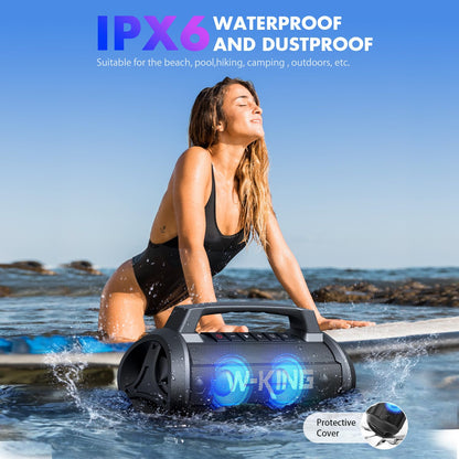 W-KING Portable Speakers Bluetooth Wireless, 120W Max Loudest Bluetooth Speaker, IPX6 Waterproof Outdoor Speaker with 70W Deep Bass/2*Subwoofer/DSP/EQ/42H/LED/MAC-in/Power Bank, Large Party Boombox