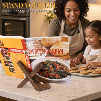 PUERSI Cookbook Stand for Kitchen, Recipe Book Holder for Kitchen Counter, Wooden Cookbook Holder, Rustic Cook Book Holder Stand - Rustic Brown