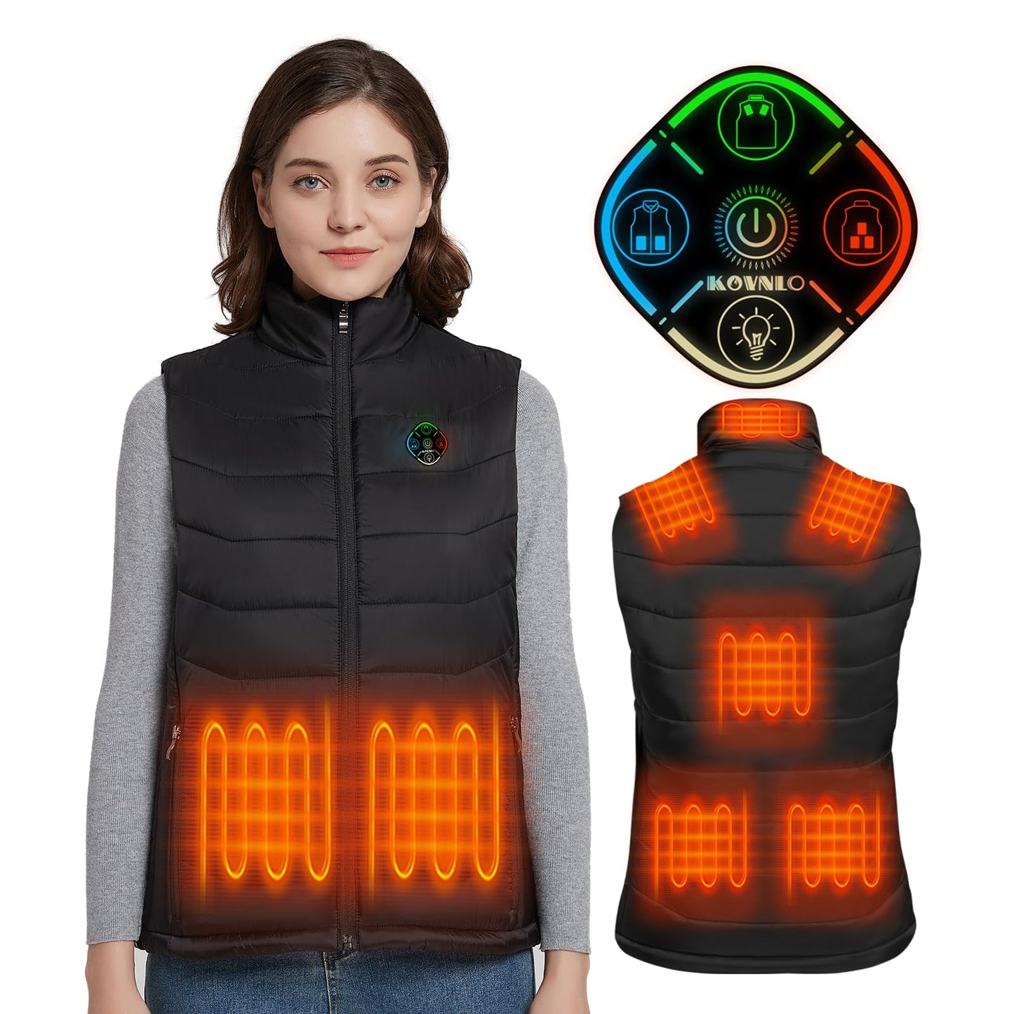 KOVNLO Womens Heated Vest, 5 in 1 Smart Controller, Lights-out Design, Electric Heated Jackets (Battery Pack Not Included)