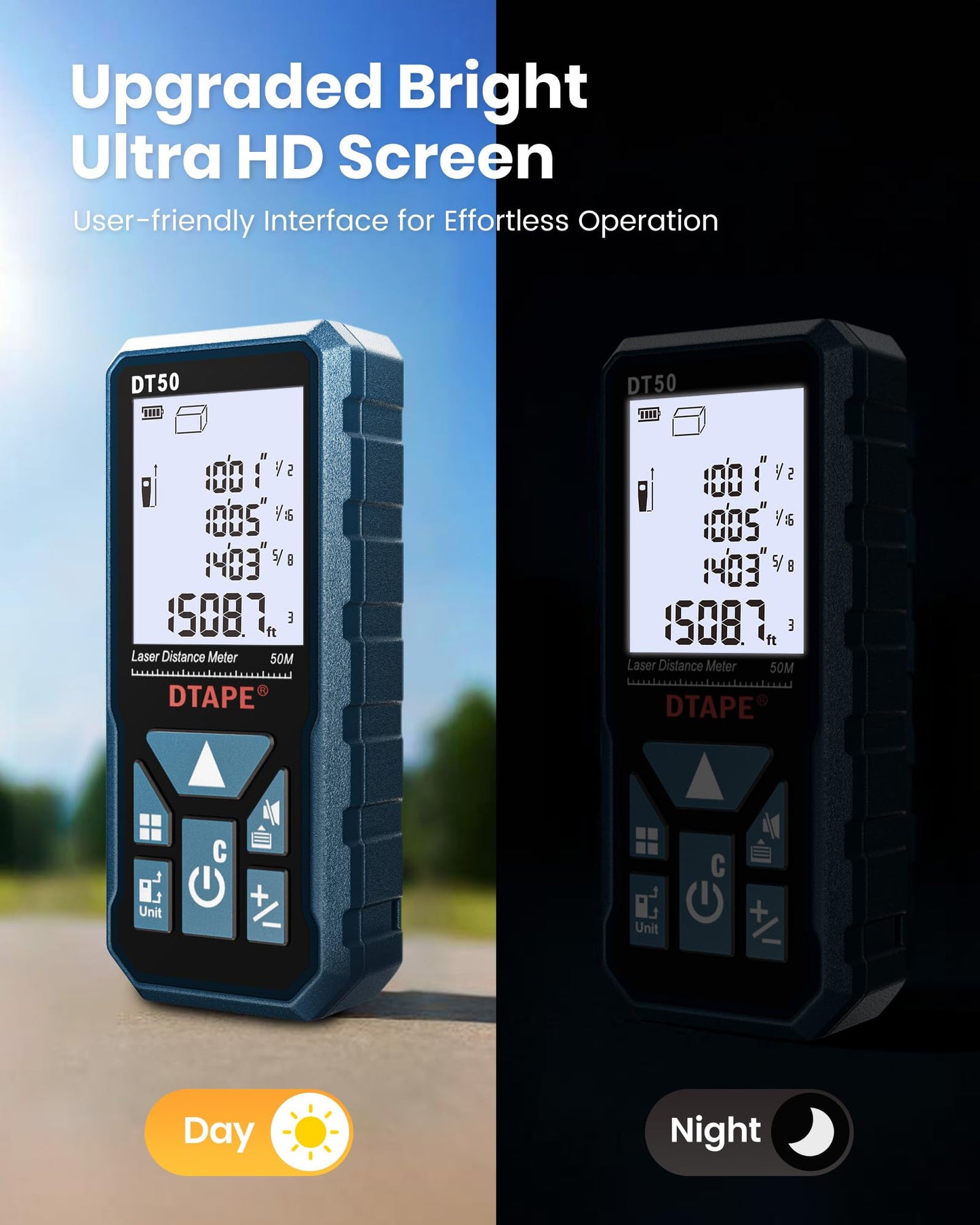 Laser Measure, DTAPE 165 Ft Digital Laser Distance Meter, Upgraded High-Accuracy Laser Measuring Tool, Electronic Tape Measure, 2" Backlit LCD Display, Area/Volume/Indirect Measurement, in/Ft/Ft+in/M