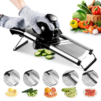 Mandoline Food Slicer, Adjustable Mandoline Slicer for Kitchen, Stainless Steel Mandolin Vegetable Chopper for Potato/Tomato/Onion, Vegetable Slicer Julienne Cutter with Cut-Resistant Gloves