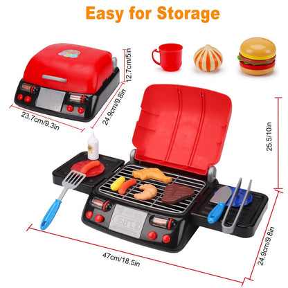 Kids Grill Playset Kitchen Toys with Apron Hat for Cooking Food Smoke Light Outdoor Pretend Play Accessories BBQ Outside Camping Barbecue Toddler Boy Toy 2 3 4 5 Year Old 4-8 Birthday Gift Valentine
