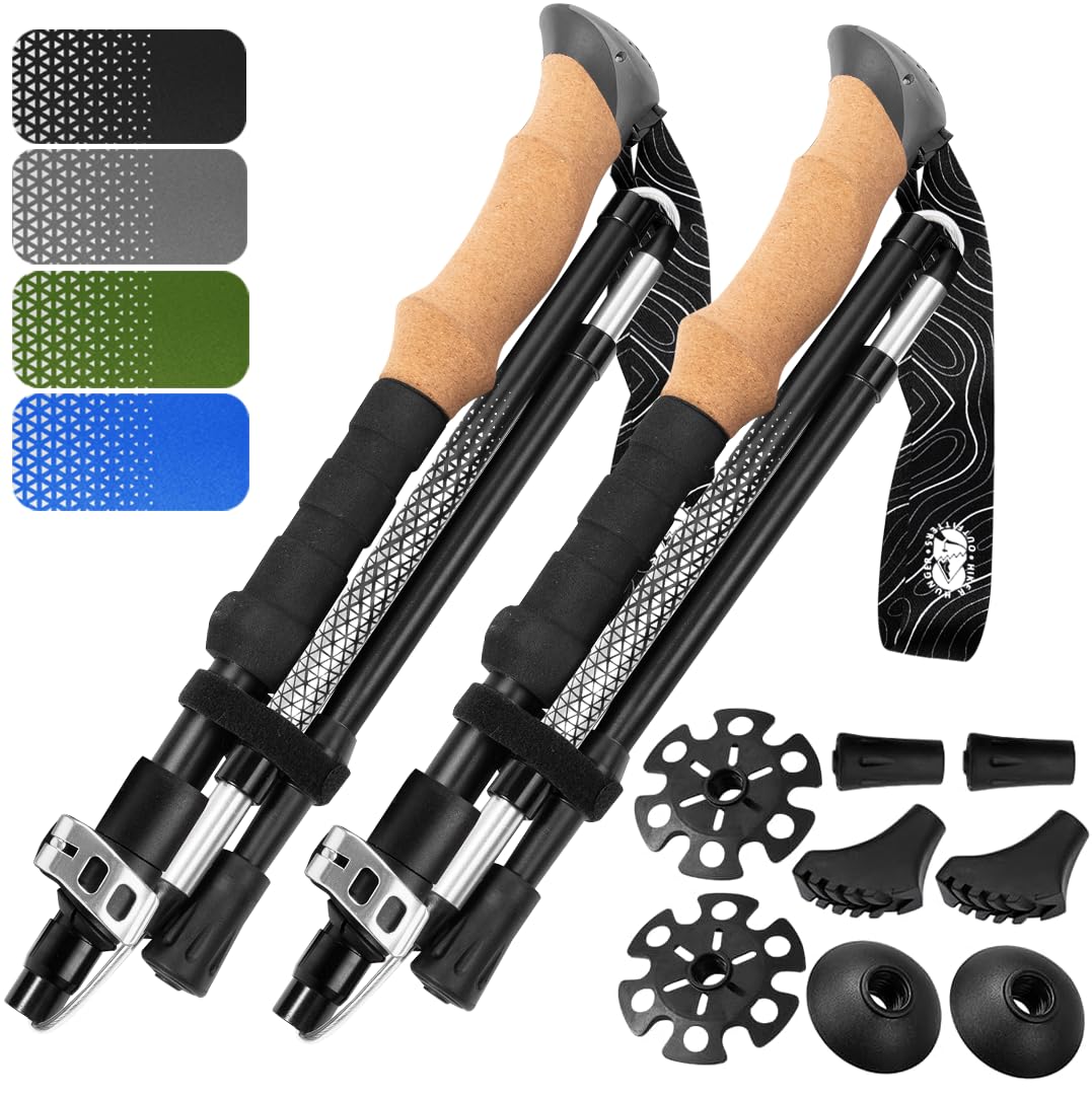 Premium Foldable Hiking Poles by USA Brand - Adjustable, Lightweight Trekking Poles Made of Aircraft Aluminum, Metal Flip Locks & Comfortable Real Cork and EVA Foam Grips