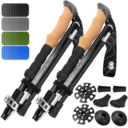 Premium Foldable Hiking Poles by USA Brand - Adjustable, Lightweight Trekking Poles Made of Aircraft Aluminum, Metal Flip Locks & Comfortable Real Cork and EVA Foam Grips